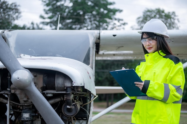 Technicien réparant le moteur de l'avionIngénierie aérospatiale féminine vérifiant les moteurs d'avionLa maintenance mécanique asiatique inspecte le moteur d'avion