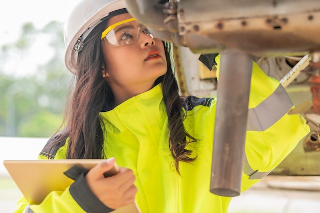 Technicien réparant le moteur de l'avionIngénierie aérospatiale féminine vérifiant les moteurs d'avionLa maintenance mécanique asiatique inspecte le moteur d'avion