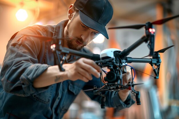 Un technicien de réparation de drones réparant un drone endommagé mettant en évidence l'expertise en réparation de drone