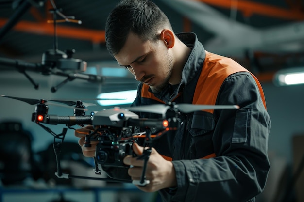 Un technicien de réparation de drones réparant un drone endommagé mettant en évidence l'expertise en réparation de drone