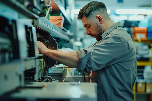 Un technicien de réparation d'imprimante réparant une imprimante montrant son expertise dans la réparation des imprimantes