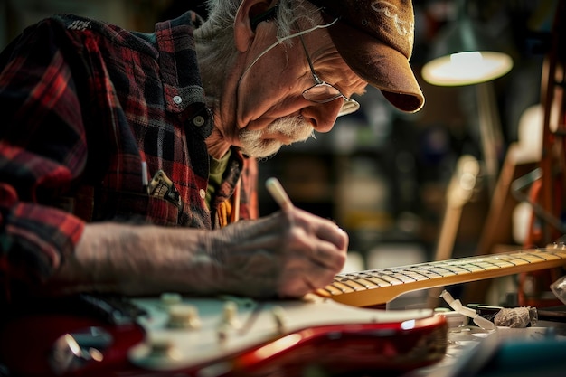 Un technicien de réparation d'instruments de musique réparant une guitare mettant en valeur ses compétences en réparation.