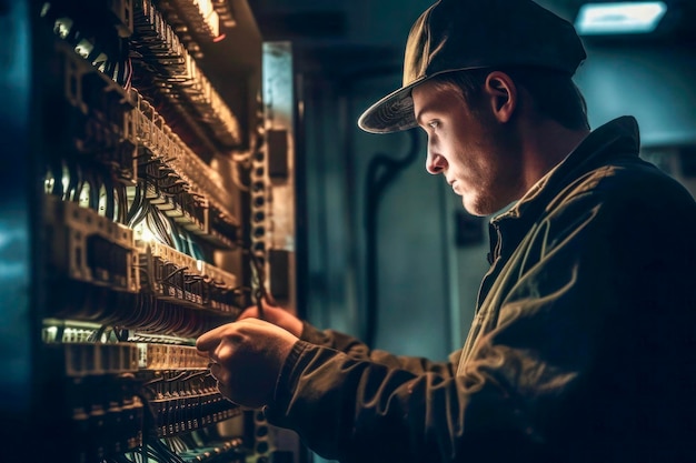 Technicien se concentrant sur le câblage des panneaux électriques