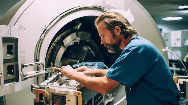 Technicien de service réparant un appareil IRM dans un hôpital