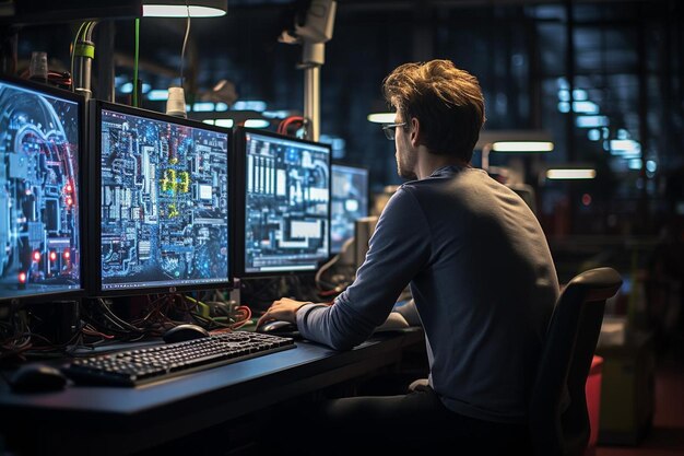 Photo technicien surveillant la production dans l'usine