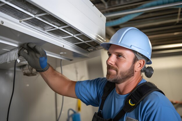 Technicien travaillant sur l'unité intérieure de climatisation Homme portant un casque et des lunettes de protection CVC