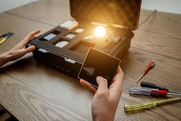 Photo un technicien travaille avec un kit de démonstration du système de maison intelligente