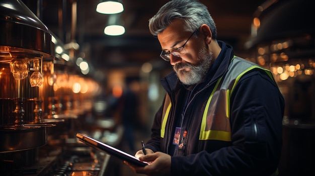 Technicien utilisant une tablette dans une usine industrielle