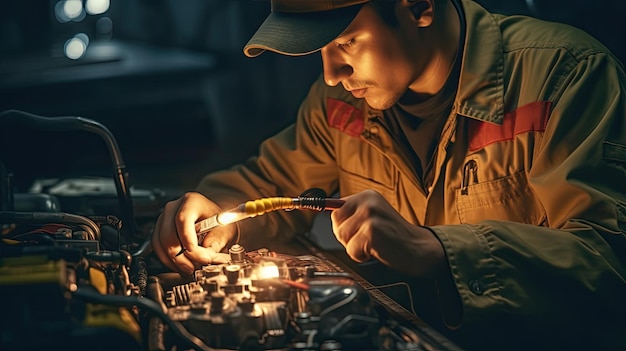 Technicien vérifiant l'illustration réaliste de photo de voiture