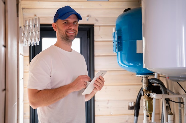 Le technicien vérifie le système de chauffage dans la chaufferie avec la tablette à la main