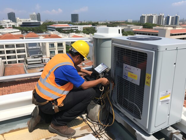 Photo techniciens effectuant l'entretien du système de climatisation