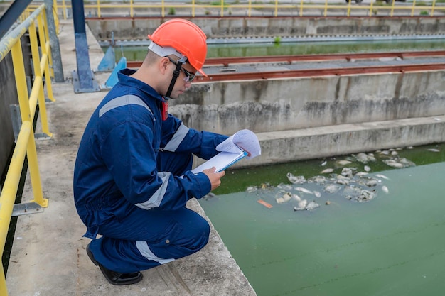 Les techniciens d'entretien de l'usine d'eau les ingénieurs en mécanique vérifient le système de contrôle à l'usine de traitement de l'eau