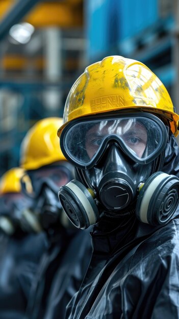 Photo les techniciens des masques à gaz évaluent les déversements toxiques dans les entrepôts industriels.