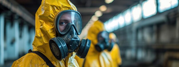 Photo les techniciens des masques à gaz évaluent les déversements toxiques dans les entrepôts industriels.