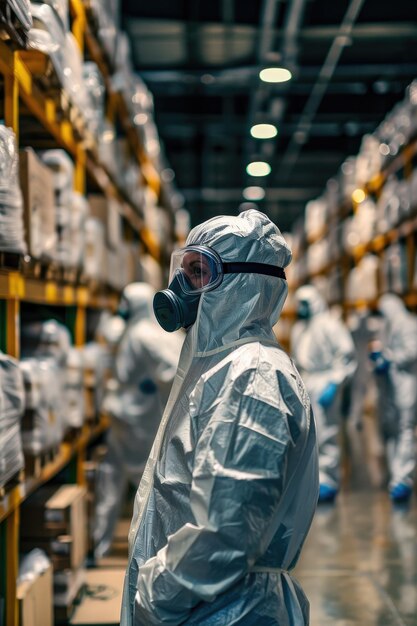 Photo les techniciens des masques à gaz évaluent les déversements toxiques dans les entrepôts industriels.