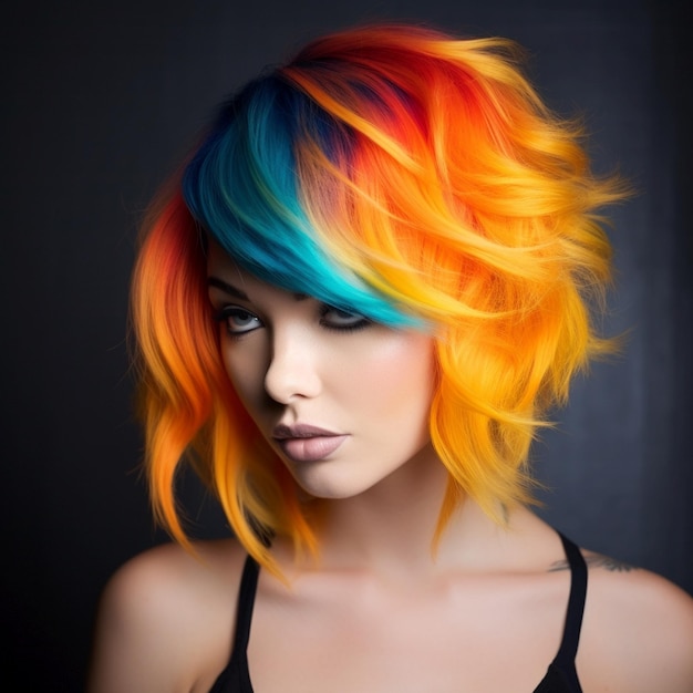 Photo technique de blocage de la couleur des cheveux avec des couleurs inversées citron vert pêche orange et bleu