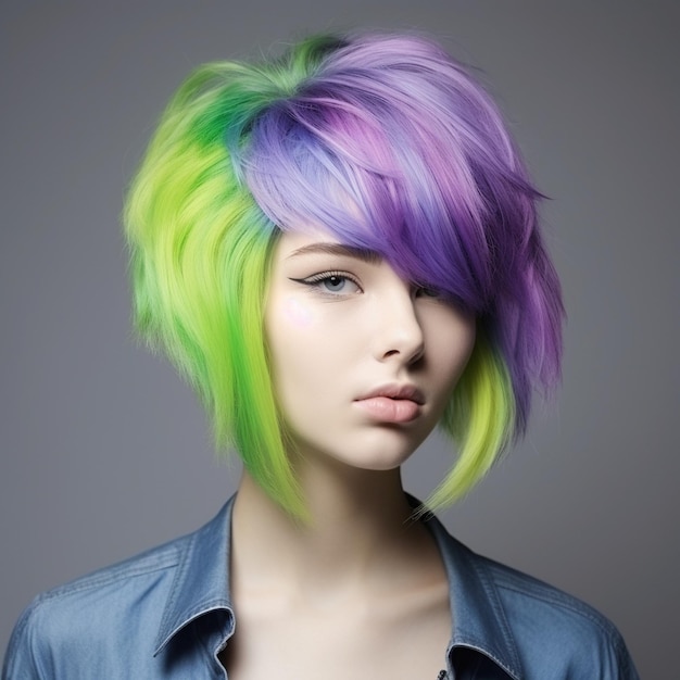 Photo technique de blocage de la couleur des cheveux avec du vert citron il est très brillant et violet