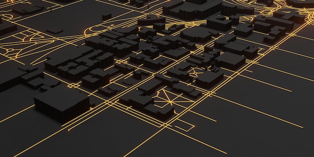 Techno mega city Dark black technologie urbaine et futuriste concepts de lignes lumineuses dorées rendu 3d