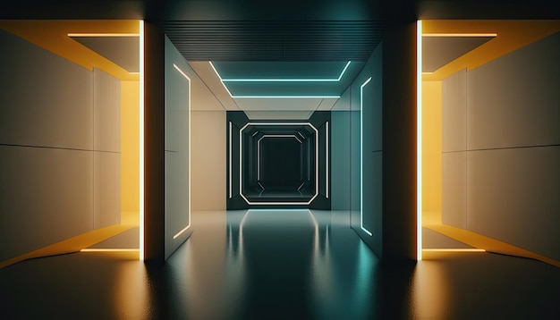 Technologie abstraite couloir néon fond vide espace scène vaisseau spatial avec IA générative