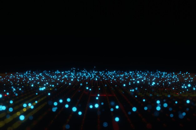 Technologie abstraite Cyber Space particules de vague rougeoyante sur fond noir, rendu 3D