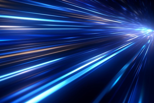 Technologie abstraite lignes lumineuses bleues futuristes rougeoyantes avec effet de flou de mouvement de vitesse sur fond bleu foncé ai générative