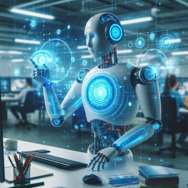 Photo la technologie ai aide dans l'espace de travail pour les humains à travailler mieux, plus rapidement et plus intelligemment.