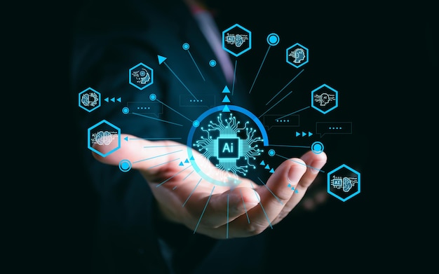 La technologie AI l'intelligence artificielle l'homme utilisant la technologie le robot intelligent l'IA l'Intelligence artificielle en entrant l'invite à commande pour génère quelque chose la transformation technologique futuriste discuter avec AI