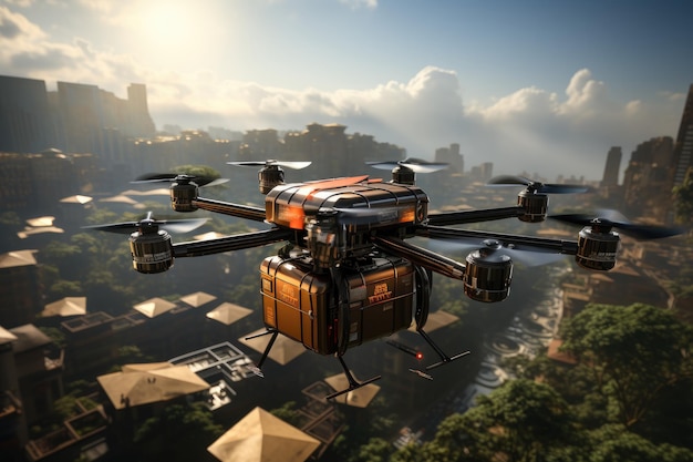 La technologie avancée des drones simplifie la livraison urbaine de colis Les drones survolent un paysage urbain animé