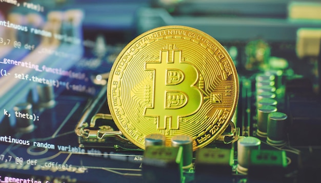 La technologie Blockchain concept d'exploitation minière bitcoin Bitcoin pièce d'or sur l'espace de copie de la bannière de la carte de circuit imprimé de l'ordinateur