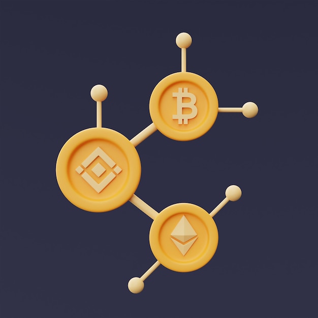 Technologie Blockchain et concept de réseau. Crypto-monnaie, bitcoin, Ethereum, Binance, style minimal. Rendu 3d.