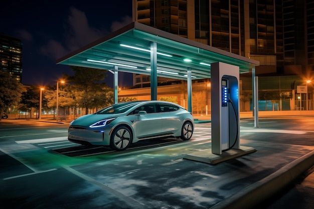 Technologie de charge de voitures électriques en ville Scène nocturne IA générative