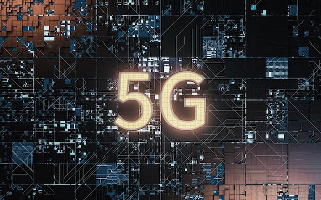 Technologie de communication 5G avec rendu 3d sur fond noir