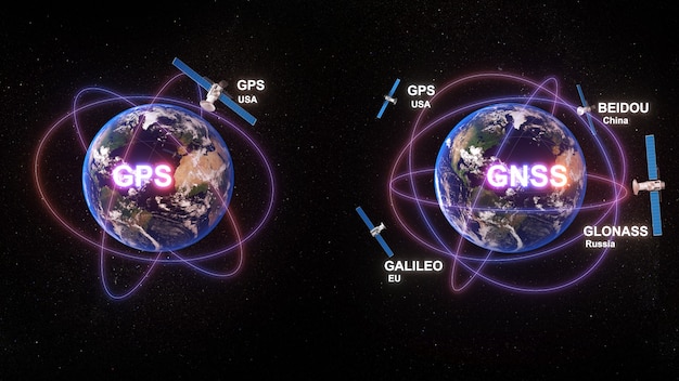Photo technologie de communication entre le système gps et les systèmes de navigation par satellite gnss