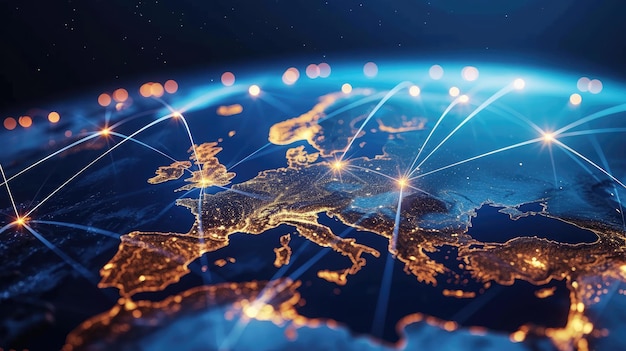 Technologie de communication avec le réseau Internet mondial connecté en Europe Télécommunication et transfert de données connexions européennes liens IoT finance affaires blockchain sécurité