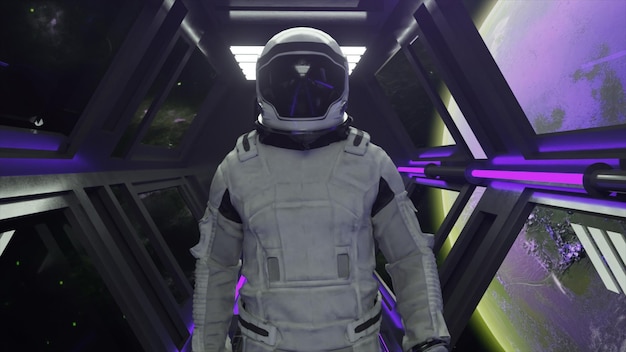 La technologie et le concept futur L'astronaute se promène dans le tunnel du vaisseau spatial Corridor de la navette Scifi Lune de lumière violette