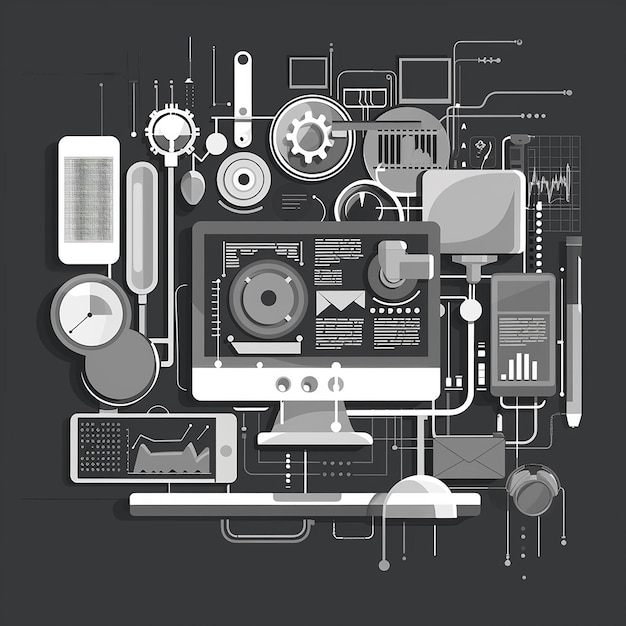 La technologie dans les outils d'affaires vecteur d'échelle de gris moderne efficace et élégant