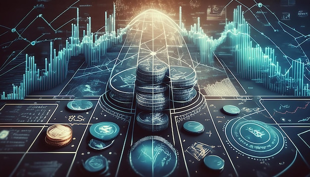 Technologie des données Monnaie numérique générée par ordinateur et tableau boursier pour la finance