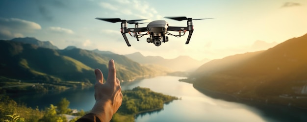 Technologie de drone atterrissant dans la main humaine dans le panorama de la nature Ai générative
