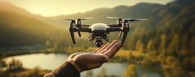 Technologie de drone atterrissant dans la main humaine dans le panorama de la nature Ai générative