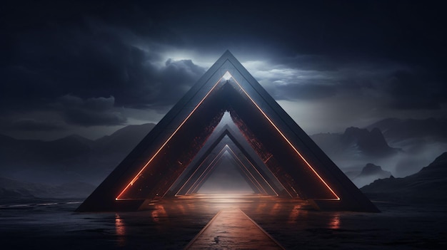 Technologie du futur bâtiment triangle abstrait fond triangle tunnel navette temps rendu 3D