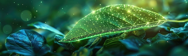 Technologie de l'énergie verte feuille lignes lumineuses écosystème d'intelligence artificielle