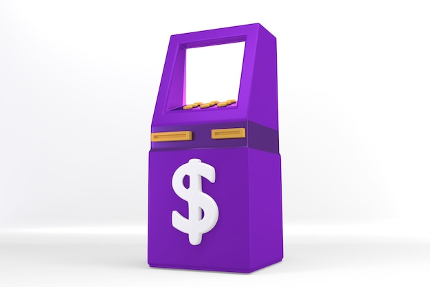 Technologie d'entreprise de machine ATM violet sur fond blanc. rendu 3D