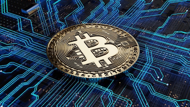 La technologie d'exploitation minière de pièces de monnaie numériques d'or bitcoin crypto échange des paiements de monnaie décentralisée carte mère bitcoin blue glow rendu 3d