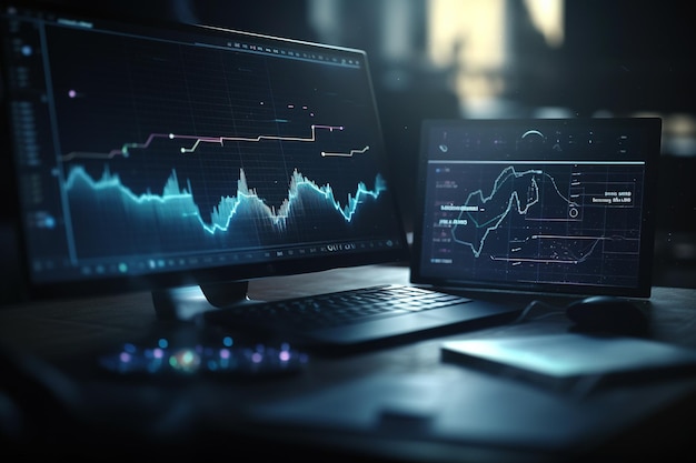 Technologie financière Tableau de bord KPI sur écran virtuel Scientifique de la technologie de visualisation d'analyse de données volumineuses analysant la structure de l'information pour la finance d'entreprise internet des objets iot