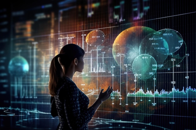 Technologie financière Tableau de bord KPI sur écran virtuel Scientifique de la technologie de visualisation d'analyse de données volumineuses analysant la structure de l'information pour la finance d'entreprise internet des objets iot