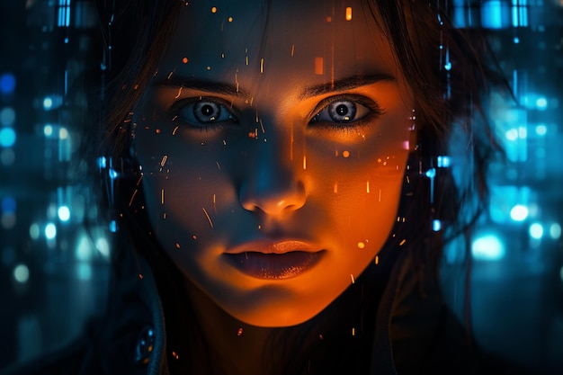 La technologie futuriste illumine le portrait brillant d'un jeune adulte en gros plan généré