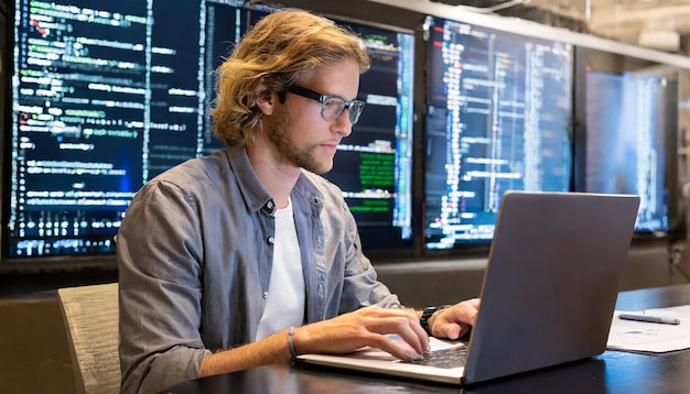 Photo la technologie des grandes données et la science des données homme travaillant sur le code de programmation