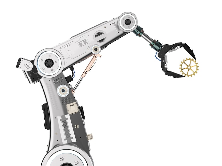 Photo technologie industrielle avec bras robotique en métal de rendu 3d ou équipement de prise de main de robot pour l'industrie de l'ingénierie