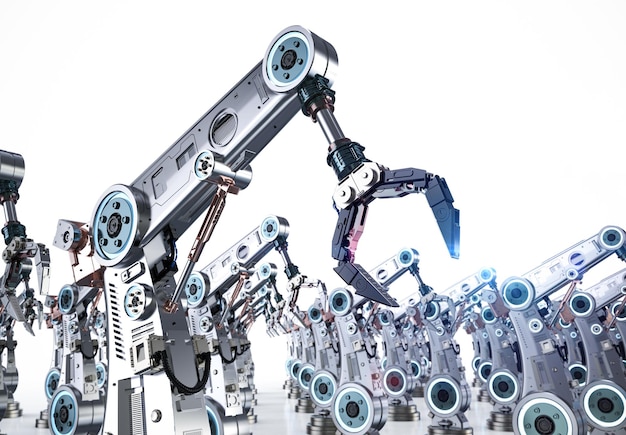 Technologie industrielle avec groupe de rendu 3d de bras robotiques en métal ou chaîne de montage de mains de robot en usine