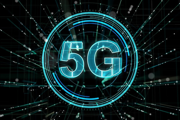Technologie d'innovation et concept Internet haute vitesse avec symbole numérique bleu 5g dans un cercle sur fond sombre abstrait avec lignes et points abstraits rendu 3D